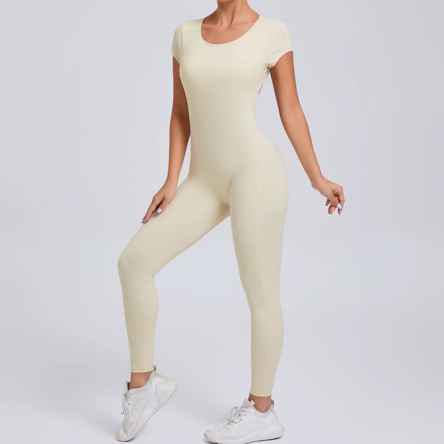 Women’s One-Piece Yoga Jumpsuit, Short Sleeve Open Back Slim Fit Sportswear, Quick-Dry Hip-Lift Fitness Gym Bodysuit
