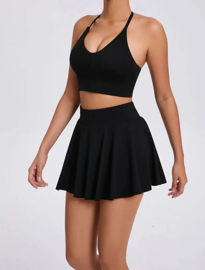 Casual Outdoor Yoga Set, Sports Bra and Short Tennis Skirt, Anti-Exposure Running Pocket Fitness Outfit, Breathable Yoga Tank Top and Tennis Set