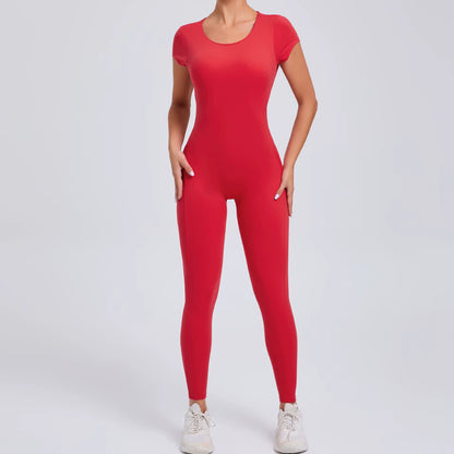 Women’s One-Piece Yoga Jumpsuit, Short Sleeve Open Back Slim Fit Sportswear, Quick-Dry Hip-Lift Fitness Gym Bodysuit