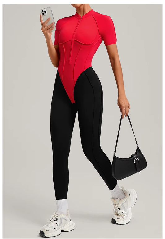 Women’s long sleeve one-piece jumpsuit yoga gym workout outfit, color-block fitness bodysuit activewear
