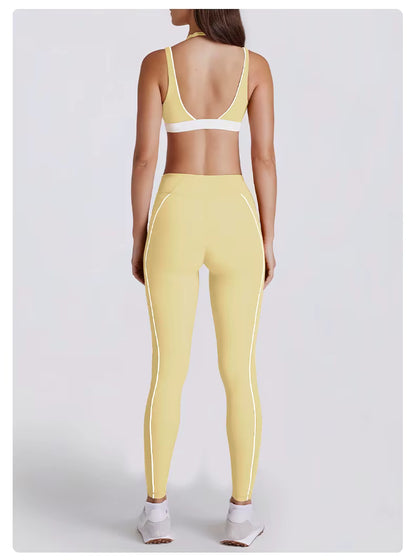 Women's Two-Piece Yoga Set with V-Neck Contrast Color Design, Beauty Back Faux Bra, High-Elastic Quick-Dry Fabric, Fitness Training and Running Shorts Set