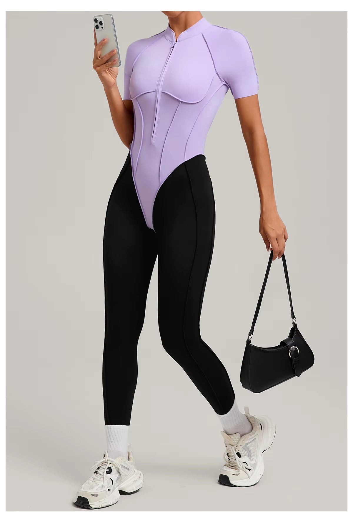 Women’s long sleeve one-piece jumpsuit yoga gym workout outfit, color-block fitness bodysuit activewear