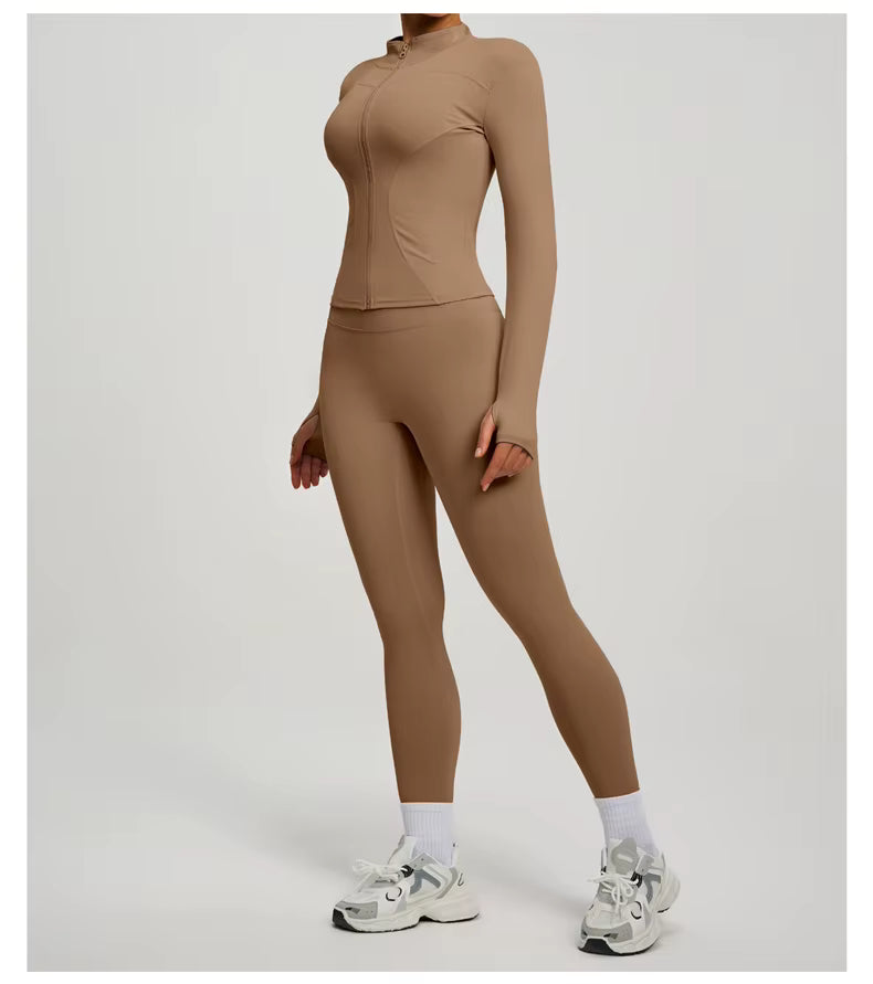 SVEIC Two-Piece Set: Yoga Jacket, Sports Top, Long Sleeve Zip-Up Jacket, Breathable Fitness Wear, High-Waisted Leggings, Women’s Gym Outfit