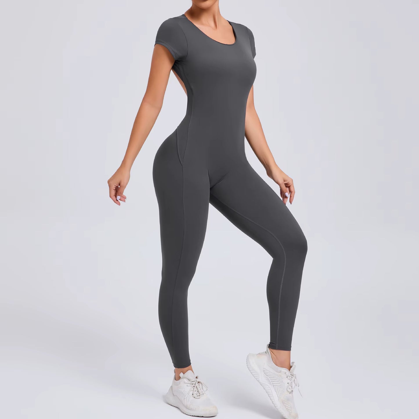 Women’s One-Piece Yoga Jumpsuit, Short Sleeve Open Back Slim Fit Sportswear, Quick-Dry Hip-Lift Fitness Gym Bodysuit