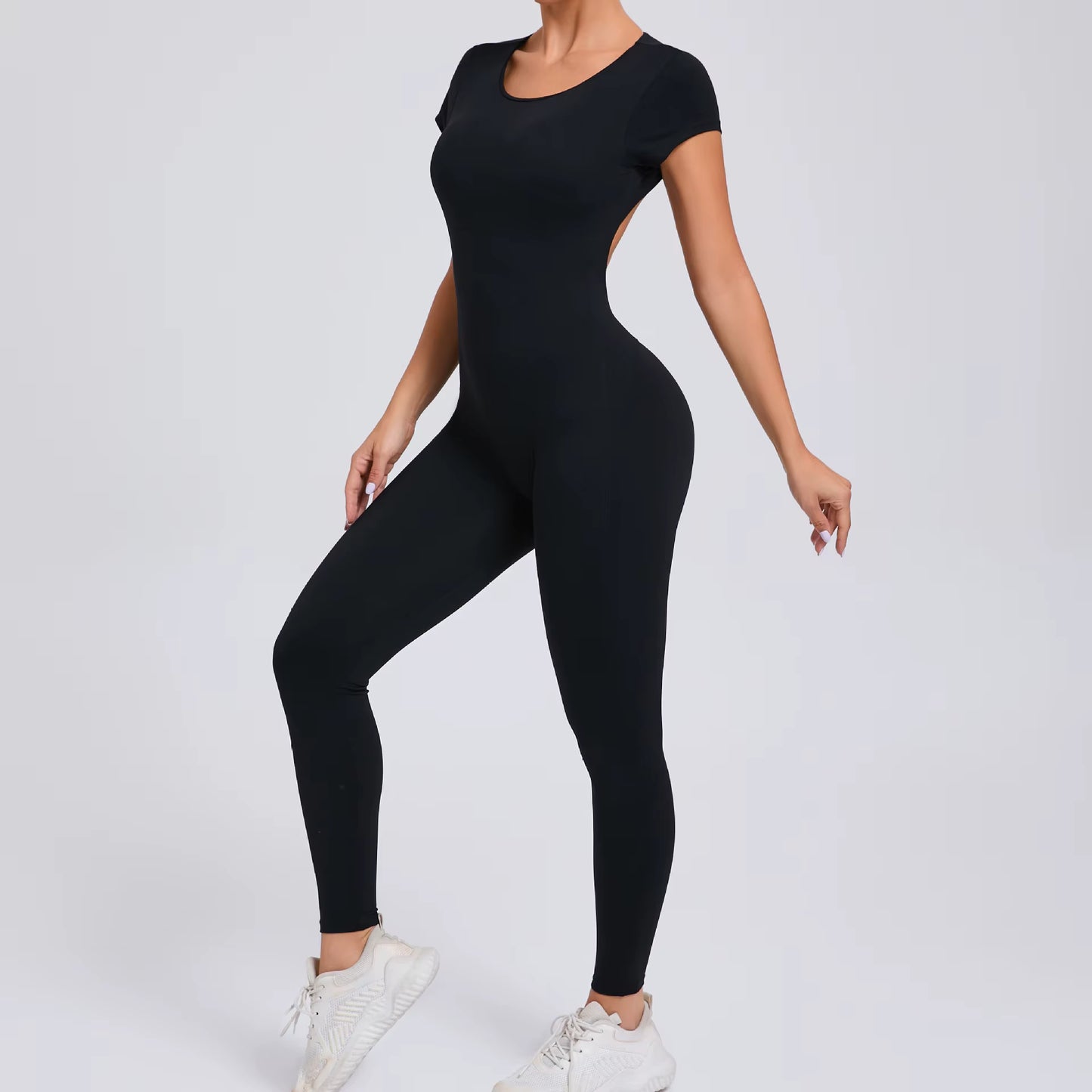 Women’s One-Piece Yoga Jumpsuit, Short Sleeve Open Back Slim Fit Sportswear, Quick-Dry Hip-Lift Fitness Gym Bodysuit