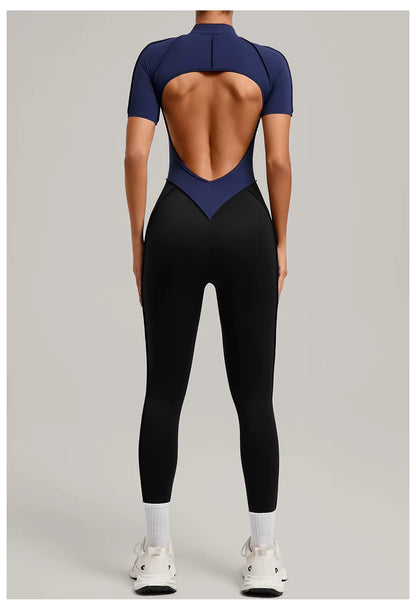 Women’s long sleeve one-piece jumpsuit yoga gym workout outfit, color-block fitness bodysuit activewear