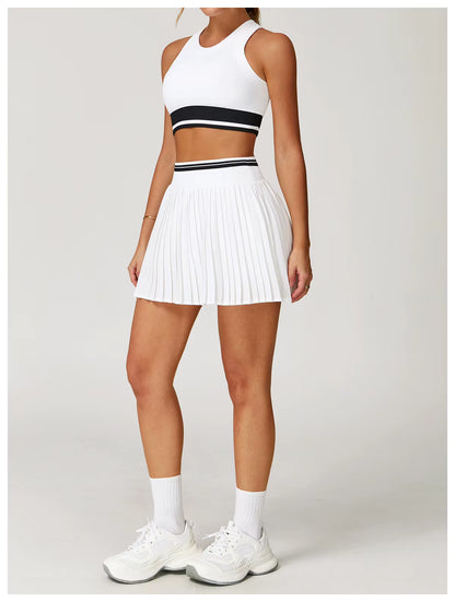 2-Piece Women’s Seamless Yoga Set – High-Waist Fitness Vest and Short Yoga Skirt, Color-Block Gym Workout Outfit