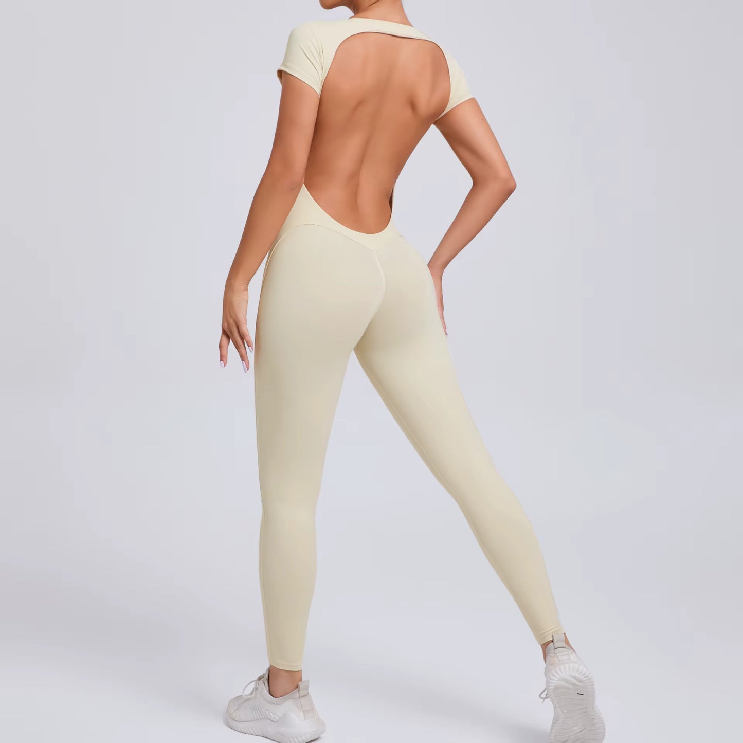 Women’s One-Piece Yoga Jumpsuit, Short Sleeve Open Back Slim Fit Sportswear, Quick-Dry Hip-Lift Fitness Gym Bodysuit