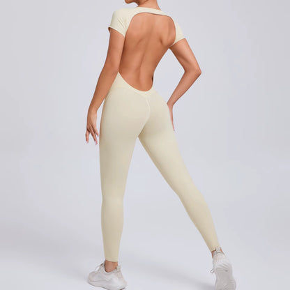 Women’s One-Piece Yoga Jumpsuit, Short Sleeve Open Back Slim Fit Sportswear, Quick-Dry Hip-Lift Fitness Gym Bodysuit