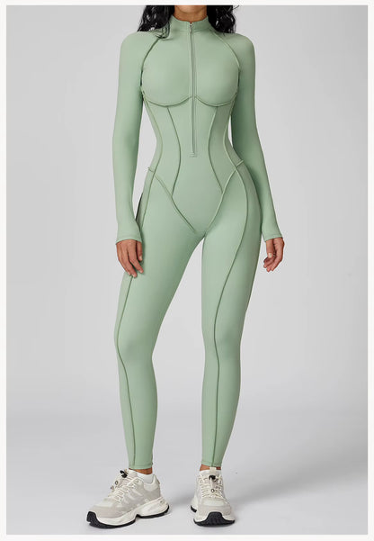 Long Sleeve Yoga Bodysuit Women’s Gym Jumpsuit with Zipper – One-Piece High-Intensity Training Fitness Activewear Tights