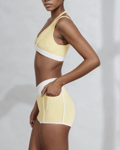 Women's Two-Piece Yoga Set with V-Neck Contrast Color Design, Beauty Back Faux Bra, High-Elastic Quick-Dry Fabric, Fitness Training and Running Shorts Set