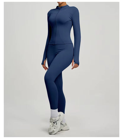 SVEIC Two-Piece Set: Yoga Jacket, Sports Top, Long Sleeve Zip-Up Jacket, Breathable Fitness Wear, High-Waisted Leggings, Women’s Gym Outfit
