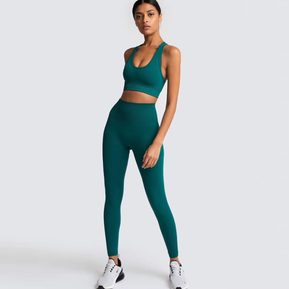 Women’s Seamless Yoga Set – Fitness Crop Top & High-Waist Tummy Control Leggings with Built-In Bra, Workout Outfit for Pilates, Gym and Running