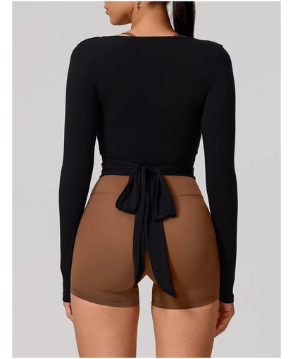 New women’s long sleeve one-piece yoga bodysuit, premium training yoga wear, ballet wrap top for women, gym sports top.