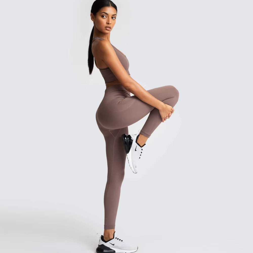 Women’s Seamless Yoga Set – Fitness Crop Top & High-Waist Tummy Control Leggings with Built-In Bra, Workout Outfit for Pilates, Gym and Running