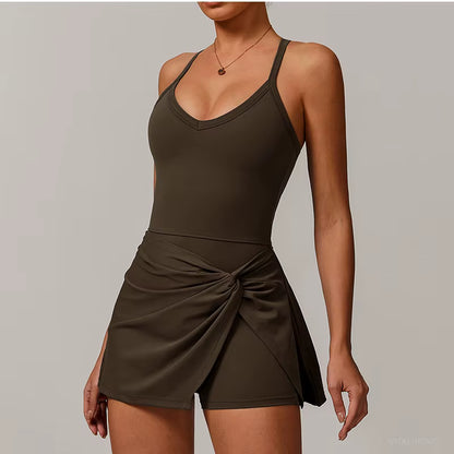 Women’s Tennis Dress with Built-In Shorts and Integrated Bra, Deep V-Neck Athletic Training Dress, Golf Dress