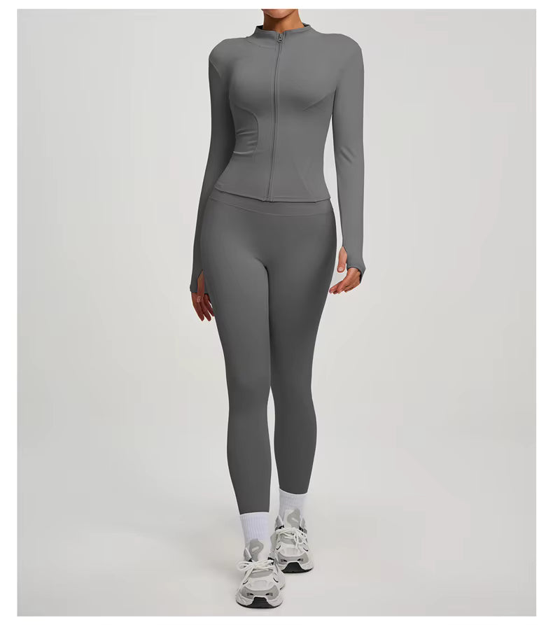 SVEIC Two-Piece Set: Yoga Jacket, Sports Top, Long Sleeve Zip-Up Jacket, Breathable Fitness Wear, High-Waisted Leggings, Women’s Gym Outfit