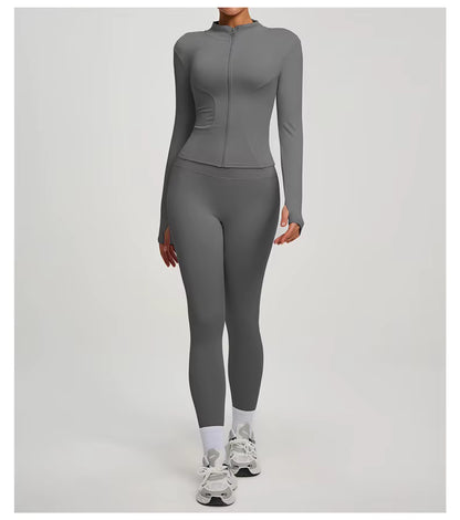 SVEIC Two-Piece Set: Yoga Jacket, Sports Top, Long Sleeve Zip-Up Jacket, Breathable Fitness Wear, High-Waisted Leggings, Women’s Gym Outfit