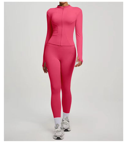 SVEIC Two-Piece Set: Yoga Jacket, Sports Top, Long Sleeve Zip-Up Jacket, Breathable Fitness Wear, High-Waisted Leggings, Women’s Gym Outfit