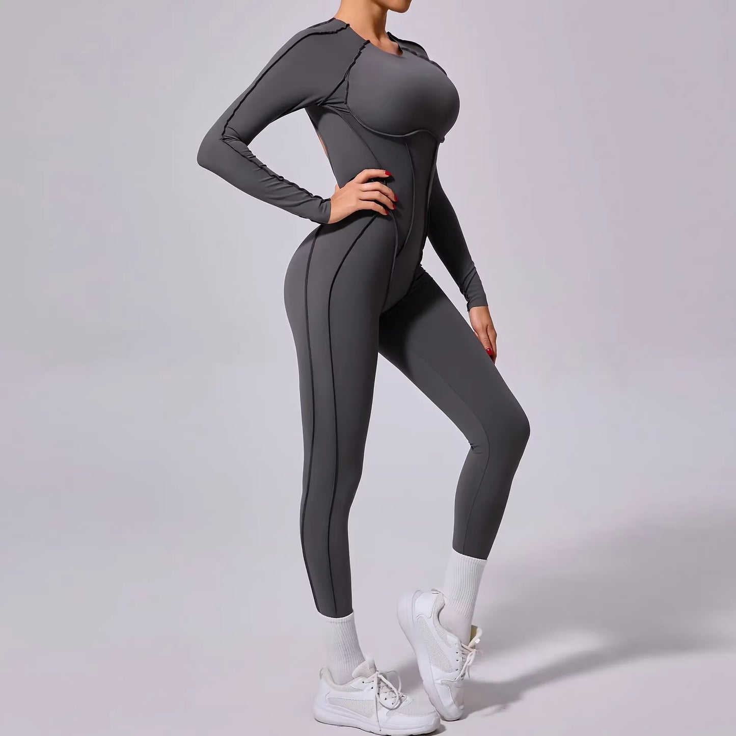 New Summer Short Sports Jumpsuit, Women’s Gym Workout Romper, Push-Up Yoga Activewear, Long Sleeve Fitness Jumpsuit