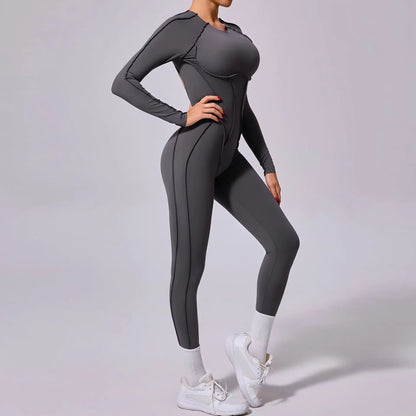 New Summer Short Sports Jumpsuit, Women’s Gym Workout Romper, Push-Up Yoga Activewear, Long Sleeve Fitness Jumpsuit