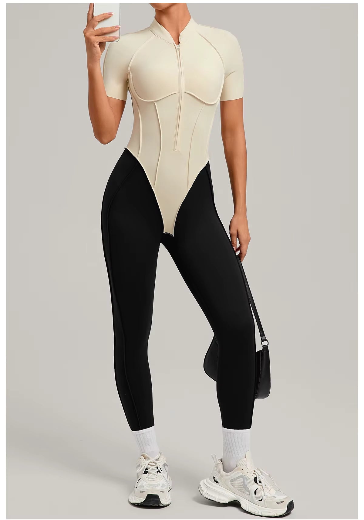 Women’s long sleeve one-piece jumpsuit yoga gym workout outfit, color-block fitness bodysuit activewear