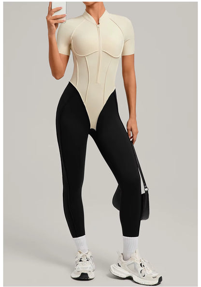 Women’s long sleeve one-piece jumpsuit yoga gym workout outfit, color-block fitness bodysuit activewear