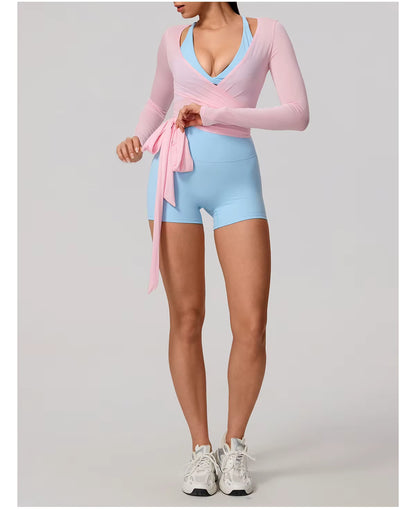 New women’s long sleeve one-piece yoga bodysuit, premium training yoga wear, ballet wrap top for women, gym sports top.