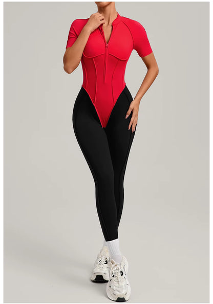 Women’s long sleeve one-piece jumpsuit yoga gym workout outfit, color-block fitness bodysuit activewear