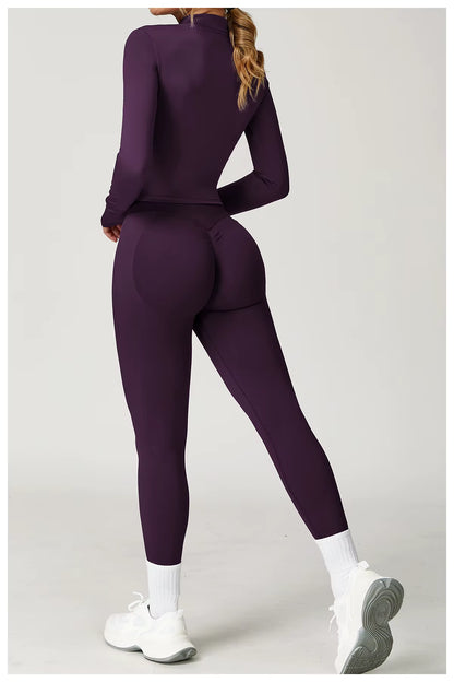 Seamless 2-piece yoga set women’s gym wear fitness tracksuit long sleeve jacket sports bra gym leggings