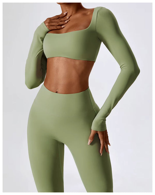 2-Piece Seamless Yoga Set: Women's Sportswear, Athletic Training Clothes, Gym Leggings & Fitness Sports Bra / Long Sleeve Crop Top