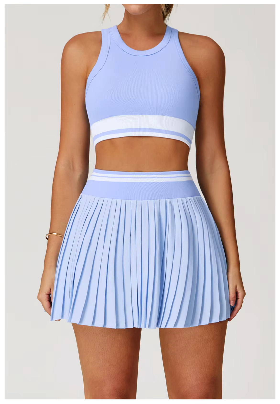 2-Piece Women’s Seamless Yoga Set – High-Waist Fitness Vest and Short Yoga Skirt, Color-Block Gym Workout Outfit