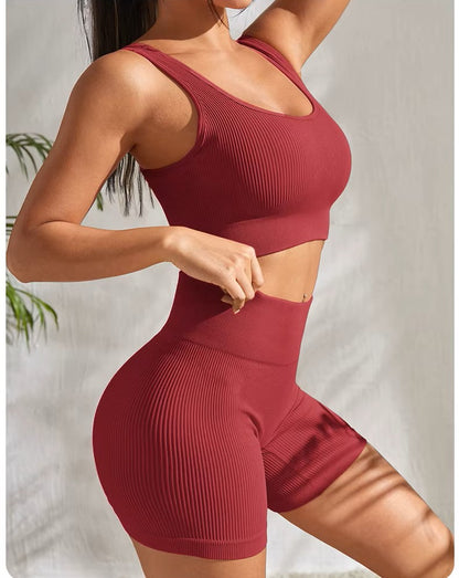 Women’s Smooth Seamless Yoga Set: 2-Piece Workout Set, High-Waist Shorts & Sports Bra – Athletic Fitness & Running Wear