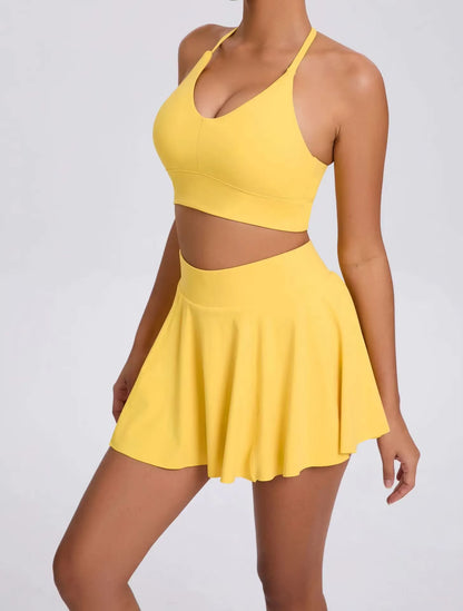 Casual Outdoor Yoga Set, Sports Bra and Short Tennis Skirt, Anti-Exposure Running Pocket Fitness Outfit, Breathable Yoga Tank Top and Tennis Set