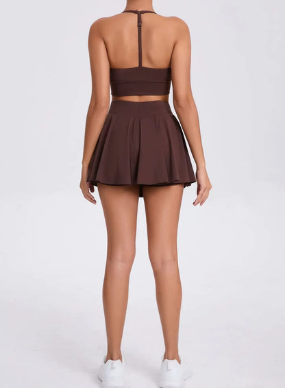 Casual Outdoor Yoga Set, Sports Bra and Short Tennis Skirt, Anti-Exposure Running Pocket Fitness Outfit, Breathable Yoga Tank Top and Tennis Set