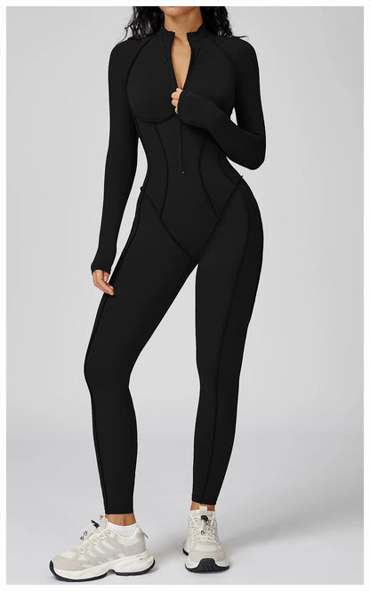Long Sleeve Yoga Bodysuit Women’s Gym Jumpsuit with Zipper – One-Piece High-Intensity Training Fitness Activewear Tights