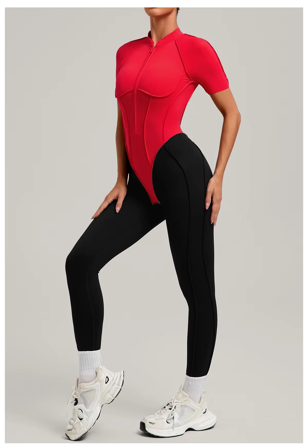 Women’s long sleeve one-piece jumpsuit yoga gym workout outfit, color-block fitness bodysuit activewear
