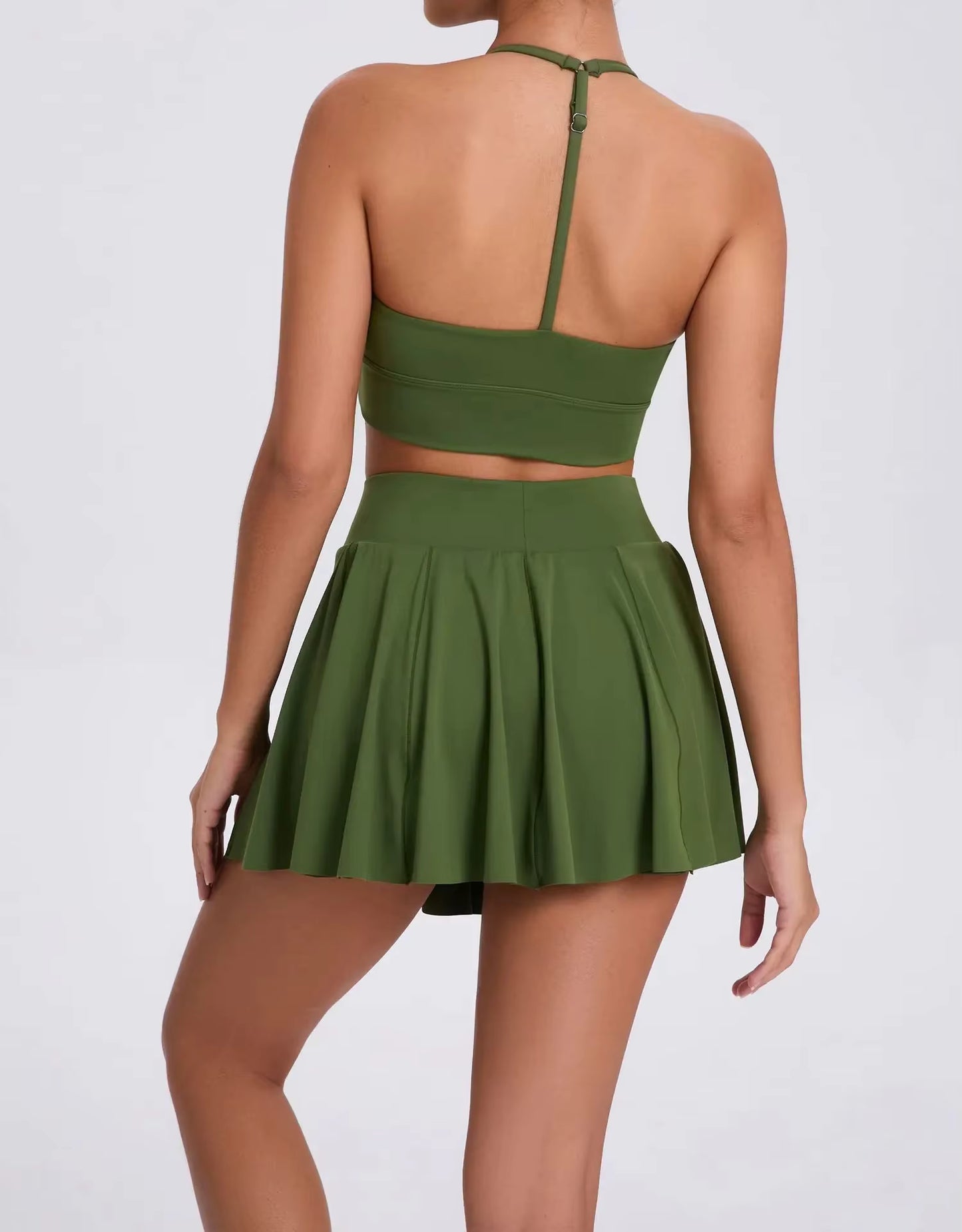 Casual Outdoor Yoga Set, Sports Bra and Short Tennis Skirt, Anti-Exposure Running Pocket Fitness Outfit, Breathable Yoga Tank Top and Tennis Set