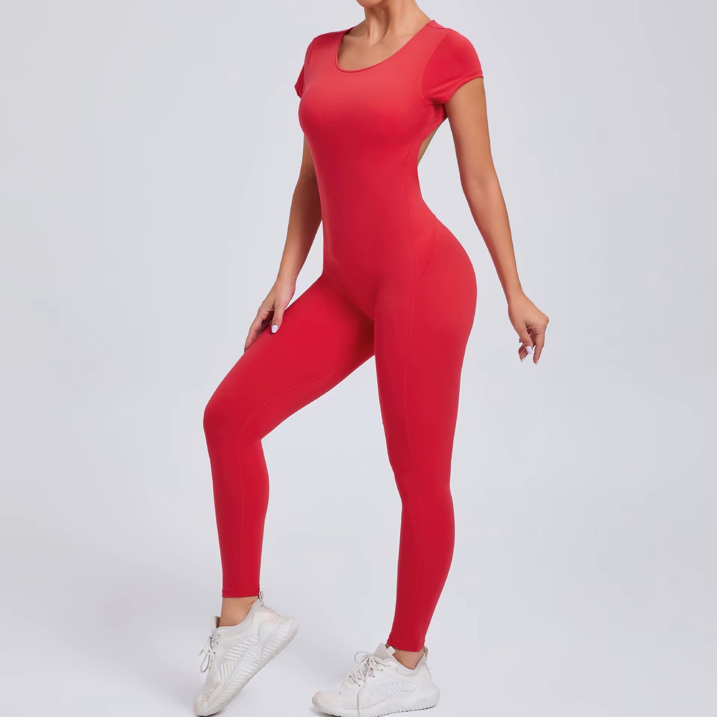 Women’s One-Piece Yoga Jumpsuit, Short Sleeve Open Back Slim Fit Sportswear, Quick-Dry Hip-Lift Fitness Gym Bodysuit