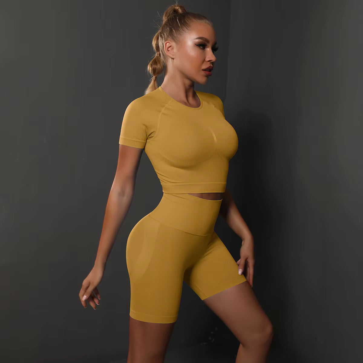 2-Piece Seamless Women’s Yoga Set Gym Sportswear – Top and High-Waisted Shorts, Tight Fit Workout Fitness Outfit with Butt-Lifting Effect