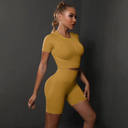 2-Piece Seamless Women’s Yoga Set Gym Sportswear – Top and High-Waisted Shorts, Tight Fit Workout Fitness Outfit with Butt-Lifting Effect