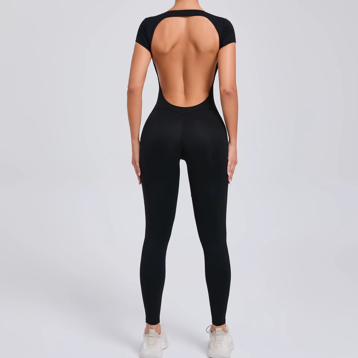 Women’s One-Piece Yoga Jumpsuit, Short Sleeve Open Back Slim Fit Sportswear, Quick-Dry Hip-Lift Fitness Gym Bodysuit