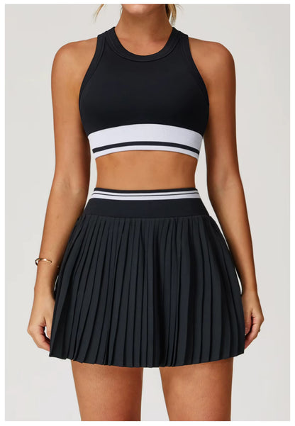 2-Piece Women’s Seamless Yoga Set – High-Waist Fitness Vest and Short Yoga Skirt, Color-Block Gym Workout Outfit