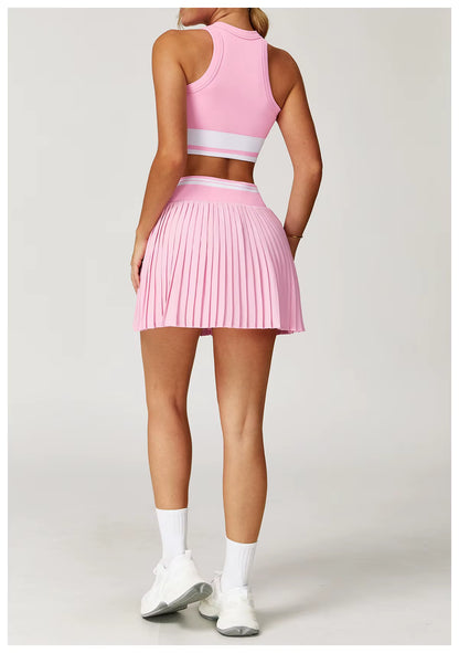 2-Piece Women’s Seamless Yoga Set – High-Waist Fitness Vest and Short Yoga Skirt, Color-Block Gym Workout Outfit