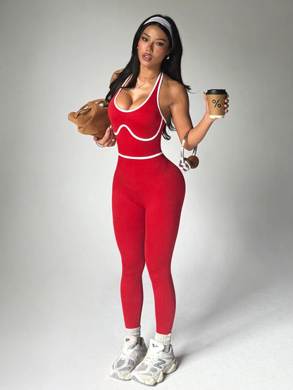 Sleeveless sports yoga one-piece outfit, women’s color-block one-piece yoga long pants fitness wear set.
