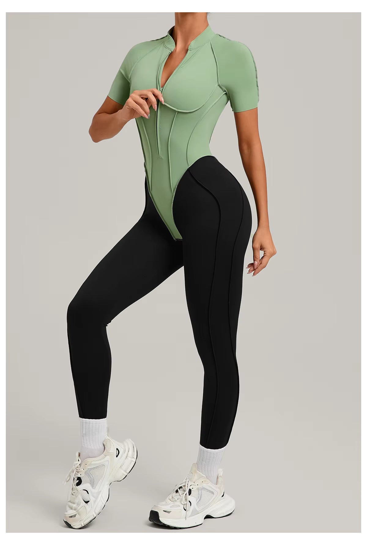 Women’s long sleeve one-piece jumpsuit yoga gym workout outfit, color-block fitness bodysuit activewear