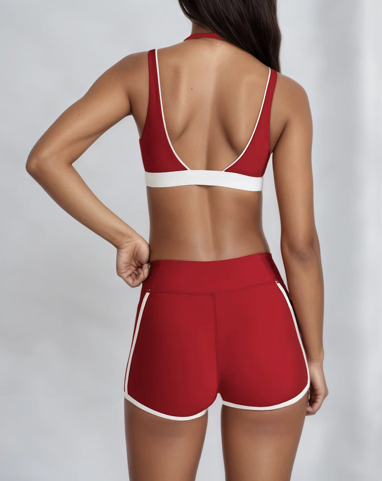 Women's Two-Piece Yoga Set with V-Neck Contrast Color Design, Beauty Back Faux Bra, High-Elastic Quick-Dry Fabric, Fitness Training and Running Shorts Set