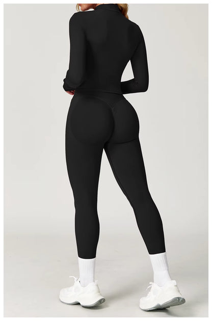 Seamless 2-piece yoga set women’s gym wear fitness tracksuit long sleeve jacket sports bra gym leggings