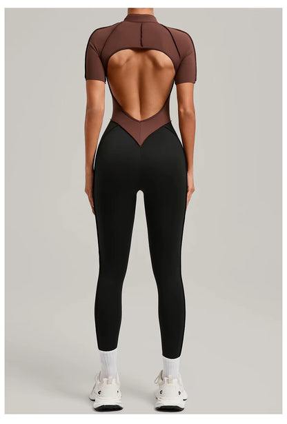 Women’s long sleeve one-piece jumpsuit yoga gym workout outfit, color-block fitness bodysuit activewear
