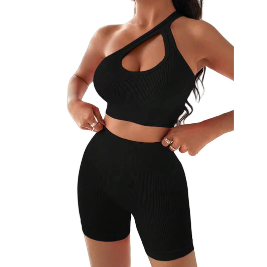 Two-piece sports yoga set with optional three-color twist design, seamless hollow-back beauty top + high-waisted three-quarter shorts set.